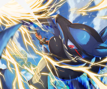 HD PC desktop wallpaper featuring Lucario from Pokémon in an action-packed video game scene with dynamic lightning effects and a vibrant sky background.