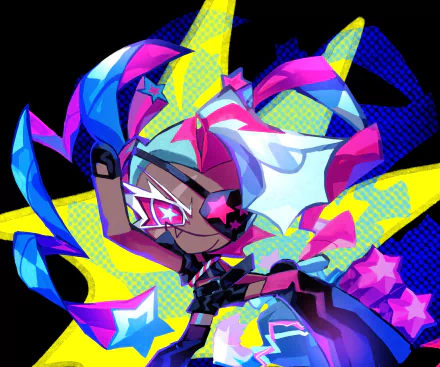 HD PC desktop wallpaper of Twizzly Gummy Cookie from COOKIE RUN: KINGDOM — neon pop-art portrait with star-shaped glasses, candy-hued ribbons and a dynamic, energetic pose.