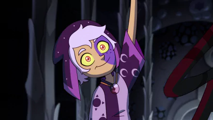 The Collector from The Owl House is featured in this HD PC desktop wallpaper, showcasing their distinctive eyes and purple cloak in a dark, mystical setting.