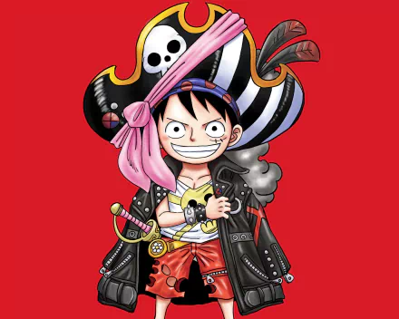 HD PC desktop wallpaper of Monkey D. Luffy (One Piece anime): grinning Luffy in pirate hat and leather jacket holding a belt against a solid red background.