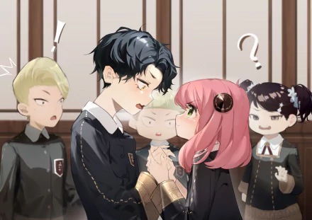 Anime Spy x Family 2K Quad HD PC desktop wallpaper: Anya Forger with pink hair faces Damian Desmond in school uniforms while surprised classmates look on.
