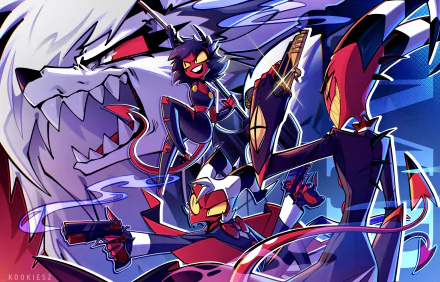 HD desktop wallpaper featuring characters from the TV show Helluva Boss in a dynamic and colorful action scene, with bold lines and vibrant hues adding to the excitement.