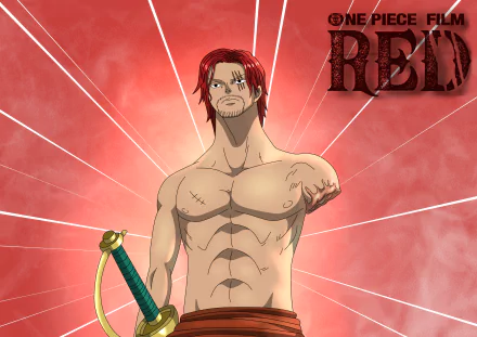 Shanks (One Piece) shirtless and scarred, holding a sword against a red radiating background — anime 2K Quad HD PC desktop wallpaper.