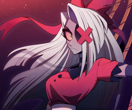 HD PC desktop wallpaper featuring Vaggie from the TV show Hazbin Hotel in a dynamic pose with a dark, atmospheric background.