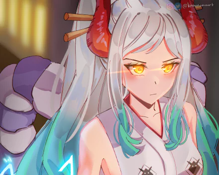 HD anime desktop wallpaper featuring Yamato from One Piece with glowing golden eyes and distinctive horned design.