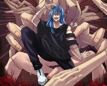 HD PC desktop wallpaper featuring Mahito from the anime Jujutsu Kaisen, showcasing his blue hair, wide grin, and surrounded by disembodied hands.