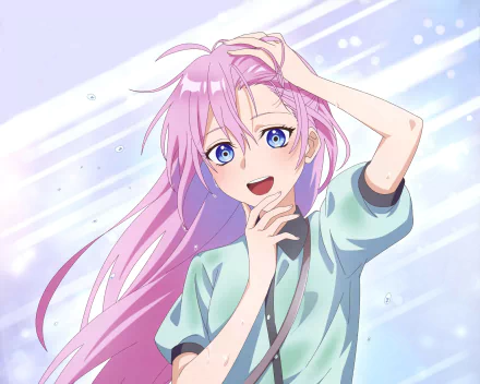 Micchon Shikimori from Shikimori's Not Just a Cutie smiling with long pink hair and blue eyes on a soft, glowing sky — 4K Ultra HD PC desktop wallpaper.