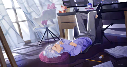 HD PC desktop wallpaper featuring Kamisato Ayato from the video game Genshin Impact resting on the floor in a softly lit, modern room with a computer setup.