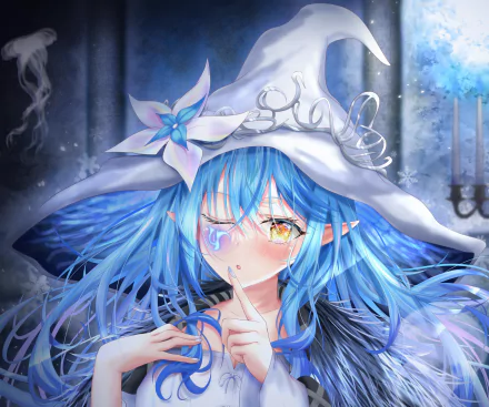 hololive virtual YouTuber Yukihana Lamy, anime portrait with flowing blue hair and white witch hat, teary-eyed with finger to lips, 2K Quad HD desktop wallpaper background.