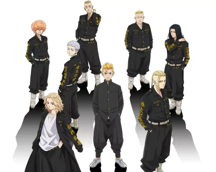 HD anime desktop wallpaper featuring Ken Ryuguji, Takemichi Hanagaki, Mikey Manjiro Sano, and other characters from Tokyo Revengers in their signature black uniforms.