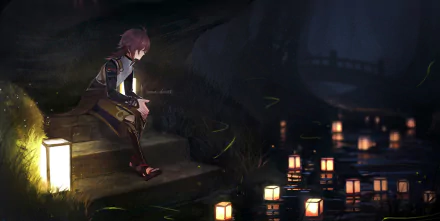 HD PC desktop wallpaper featuring Shikanoin Heizou from the video game Genshin Impact, sitting on steps near glowing lanterns in a dark, serene setting.