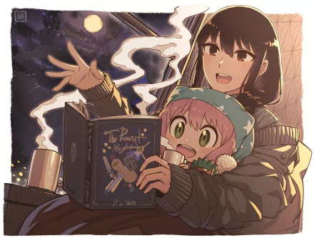 Yor Forger and Anya Forger from Spy x Family share a warm moment reading a book together, captured in a vibrant HD anime-style desktop wallpaper.