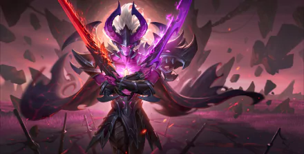 4K Ultra HD desktop wallpaper featuring a dark, armored character wielding glowing red and purple swords from the video game Honor of Kings.