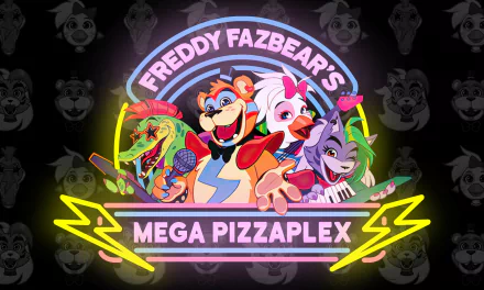 HD PC desktop wallpaper featuring vibrant characters and neon signage from the video game Five Nights at Freddy's: Security Breach, highlighting Freddy Fazbear's Mega Pizzaplex.