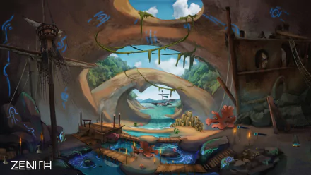 HD wallpaper of Zenith: The Last City game featuring a scenic fantasy cave environment with futuristic elements for desktop background.