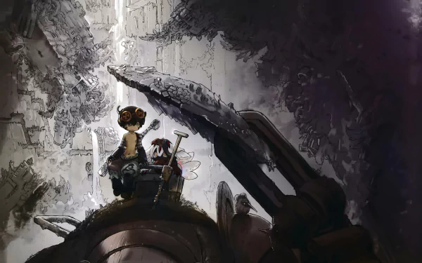 HD PC desktop wallpaper featuring anime characters from Made in Abyss exploring a mysterious, towering cavern with intricate mechanical elements.