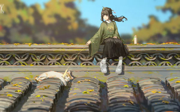 Anime girl in a Chinese dress sits on a rooftop beside a relaxed kitten, surrounded by autumn leaves in this vibrant HD desktop wallpaper illustration.