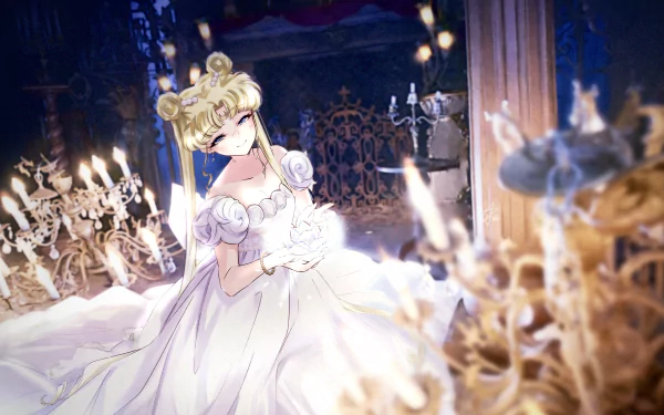 Usagi Tsukino (Sailor Moon) in a flowing white gown amid candlelight in a dreamy anime scene — 2K Quad HD PC desktop wallpaper/background.
