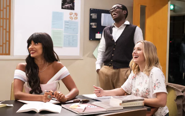 Tahani Al-Jamil William Jackson Harper Chidi Anagonye Kristen Bell Eleanor Shellstrop TV Show The Good Place HD Desktop Wallpaper | Background Image