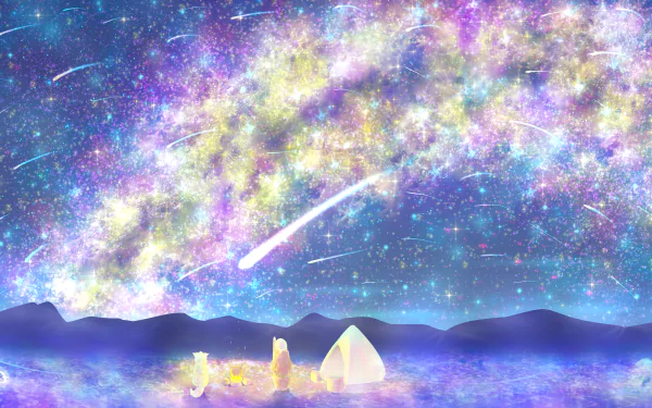 Anime To Your Eternity 4K Ultra HD PC desktop wallpaper: two figures beside a glowing tent on a misty shore beneath a vivid, multicolored Milky Way with shooting stars.