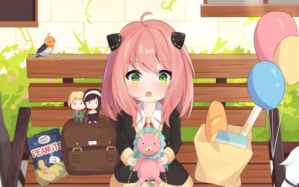 HD desktop wallpaper featuring Anya Forger from Spy x Family sitting on a bench, holding a plush toy, surrounded by balloons, books, and a bag of peanuts.