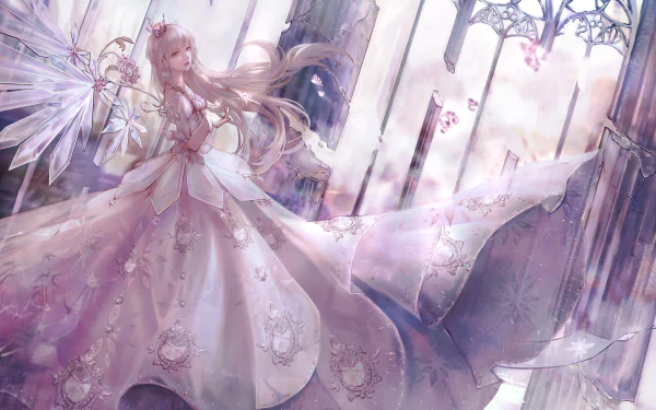 4K Ultra HD PC desktop wallpaper featuring a Shining Nikki character in an elegant, flowing gown with ethereal fairy wings in a softly lit, ornate setting.