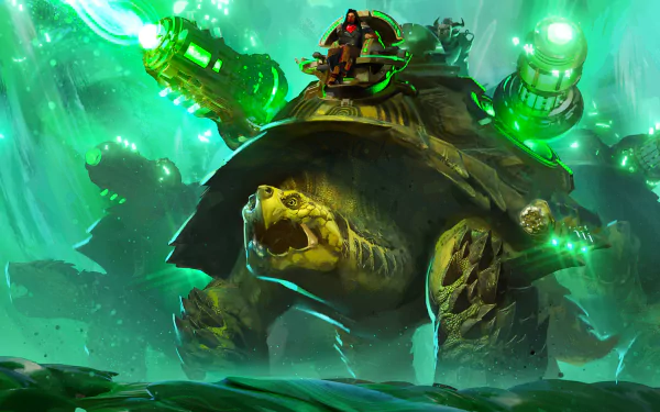 Guild Wars 2: End of Dragons video game 4K PC wallpaper: armored turtle mount bearing a mechanized rider with green glowing tech amid a misty emerald landscape.