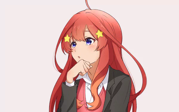 Itsuki Nakano from The Quintessential Quintuplets, thoughtful pose with hand on chin, long red hair and star clips in school uniform — 2K Quad HD PC desktop wallpaper.