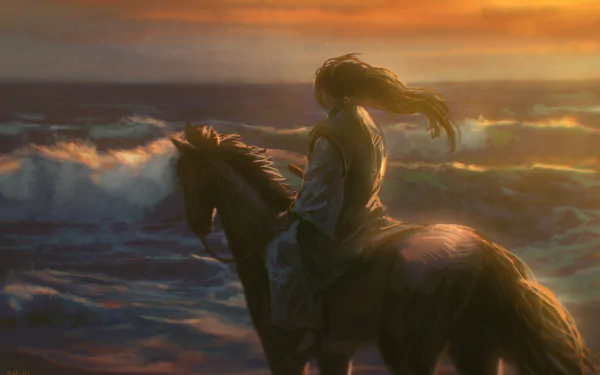 Anime-style Vagabond character rides a horse along the shoreline at sunset in this HD PC desktop wallpaper and background.