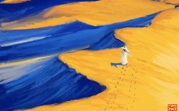 HD PC desktop wallpaper featuring Xie Lian from the anime Tian Guan Ci Fu, depicted walking on a vibrant yellow and blue abstract landscape.