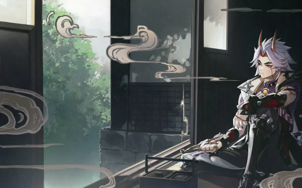 HD PC desktop wallpaper featuring Arataki Itto from the video game Genshin Impact, sitting contemplatively in a serene, traditional Japanese-style room.