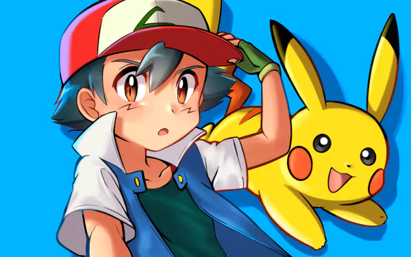 HD PC desktop wallpaper of Ash Ketchum and Pikachu from Pokémon: Red and Blue — bold colors and an energetic pose against a bright blue background.