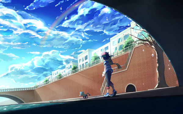 Anime-style HD PC desktop wallpaper featuring a character and a small Pokémon under a vibrant sky with a rainbow above urban buildings.