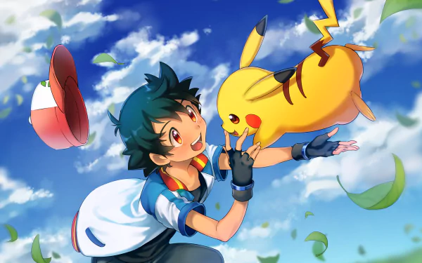 HD PC desktop wallpaper featuring Ash Ketchum reaching out to Pikachu, inspired by the Pokémon: Red and Blue video game, set against a vibrant blue sky with floating leaves.