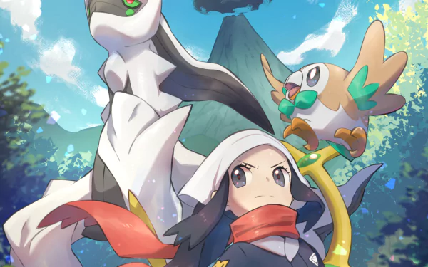 Akari (Pokémon) Rowlet (Pokémon) Arceus (Pokémon) video game Pokémon Legends: Arceus HD Desktop Wallpaper | Background Image