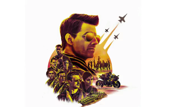 HD PC desktop wallpaper for the movie Top Gun: Maverick — poster-style collage with a pilot in aviator sunglasses, flying jets, motorcycles and crew silhouettes.