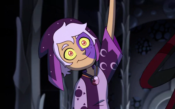 The Collector from The Owl House is featured in this HD PC desktop wallpaper, showcasing their distinctive eyes and purple cloak in a dark, mystical setting.