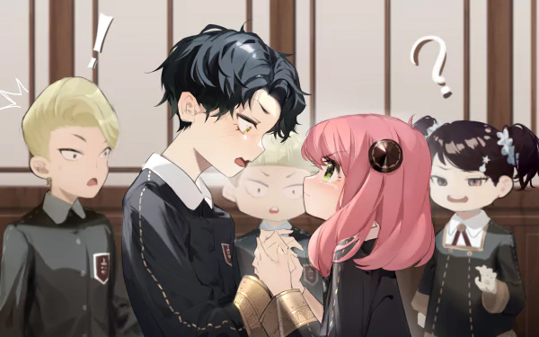 Anime Spy x Family 2K Quad HD PC desktop wallpaper: Anya Forger with pink hair faces Damian Desmond in school uniforms while surprised classmates look on.
