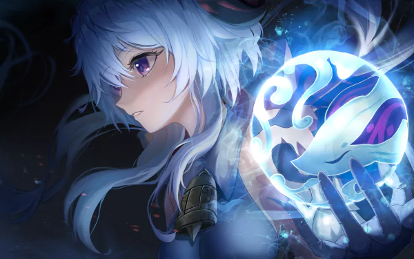 Ganyu (Genshin Impact) from the video game: icy-haired archer clutching a glowing Cryo orb amid dark, ethereal light — 4K Ultra HD PC desktop wallpaper/background.