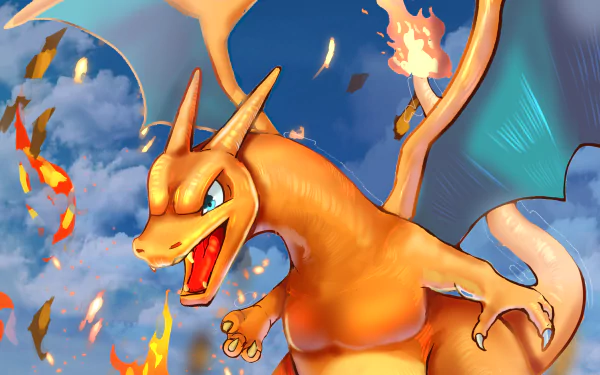 Vibrant HD PC desktop wallpaper featuring Charizard, the fiery dragon Pokémon, with flames and a dynamic, action-packed video game-inspired background.