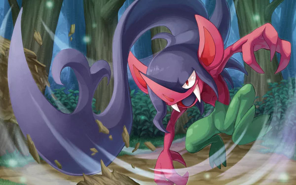 Morgrem from the video game Pokémon: Sword and Shield lunges through a shadowy forest in a dynamic HD PC desktop wallpaper, claws extended as leaves and dust whirl around it.