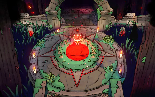 4K Ultra HD PC desktop wallpaper from the video game Cult of the Lamb: a blood-red glowing altar and ritual sigil in a circular ruined shrine, candles, overgrown foliage and a dark forest backdrop.