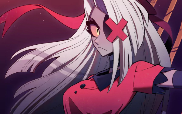 HD PC desktop wallpaper featuring Vaggie from the TV show Hazbin Hotel in a dynamic pose with a dark, atmospheric background.