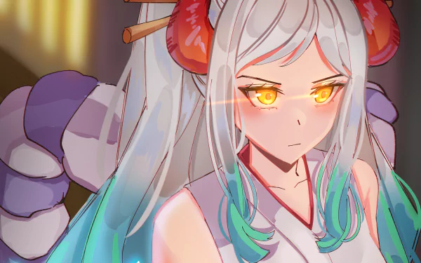 HD anime desktop wallpaper featuring Yamato from One Piece with glowing golden eyes and distinctive horned design.