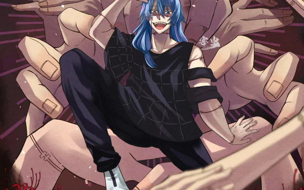 HD PC desktop wallpaper featuring Mahito from the anime Jujutsu Kaisen, showcasing his blue hair, wide grin, and surrounded by disembodied hands.