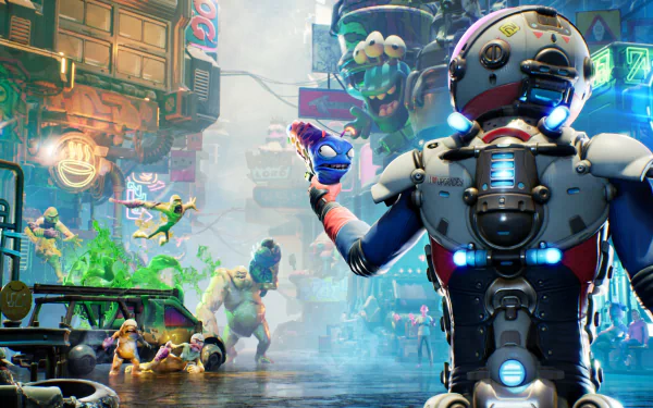 4K Ultra HD PC desktop wallpaper/background: vibrant High on Life video game scene — armored character holds an alien gadget amid neon-lit, creature-filled chaotic city streets.