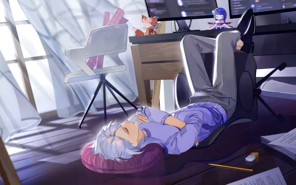 HD PC desktop wallpaper featuring Kamisato Ayato from the video game Genshin Impact resting on the floor in a softly lit, modern room with a computer setup.