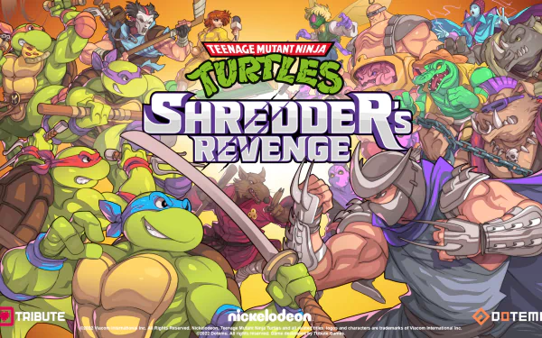 HD desktop wallpaper featuring colorful art from Teenage Mutant Ninja Turtles: Shredder's Revenge game, with dynamic poses of the turtle heroes and their enemies.