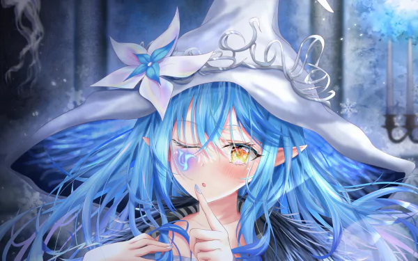 hololive virtual YouTuber Yukihana Lamy, anime portrait with flowing blue hair and white witch hat, teary-eyed with finger to lips, 2K Quad HD desktop wallpaper background.