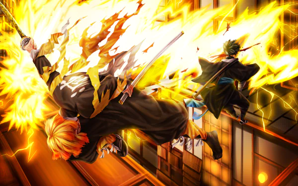 Vibrant 4K Ultra HD wallpaper featuring Zenitsu Agatsuma from Demon Slayer: Kimetsu no Yaiba, depicted in dynamic action with bright lightning effects.